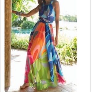 Soft Surroundings XL Carnivale Rainbow Maxi Flowy Cruise Travel Colorful Dress